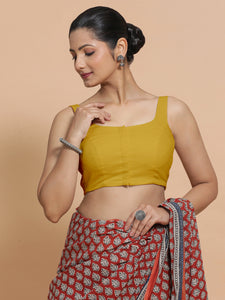 Mohini x Rozaana | Round Neck Sunny Yellow Plain Cotton Saree Blouse