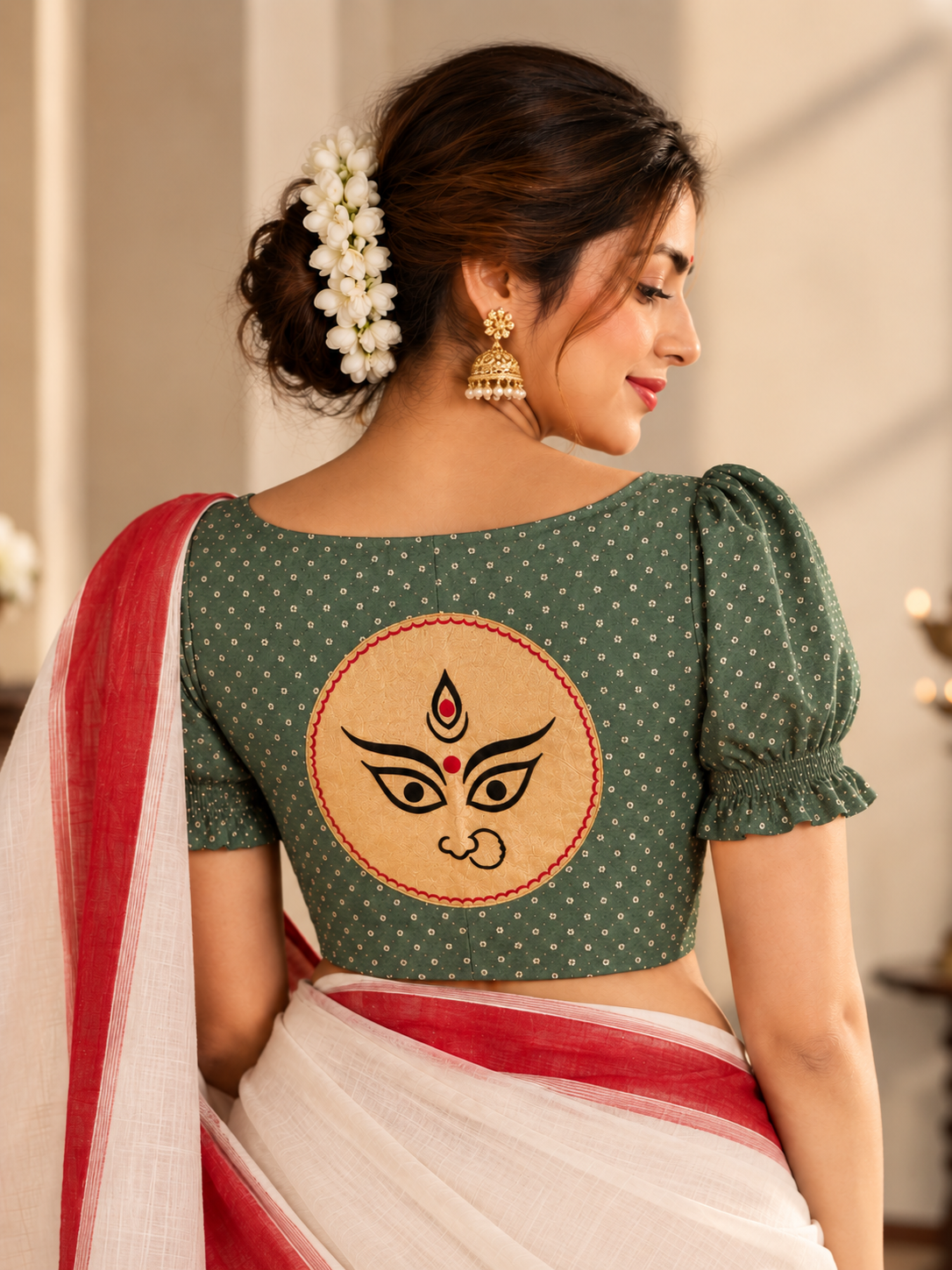 Durga | Puff Sleeve Embroidered Green Foil Chandheri SculptFit™ Saree Blouse