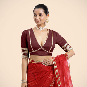  Nafeeza x Tyohaar | Burgundy Embellished Elbow Sleeves FlexiFit™ Saree Blouse with Plunging V Neckline with Tasteful Gota Lace_1