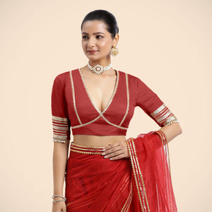  Nafeeza x Tyohaar | Crimson Red Embellished Elbow Sleeves FlexiFit™ Saree Blouse with Plunging V Neckline with Tasteful Gota Lace_3