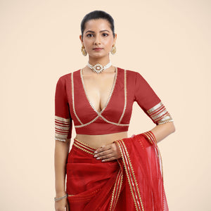 Nafeeza x Tyohaar | Crimson Red Embellished Elbow Sleeves FlexiFit™ Saree Blouse with Plunging V Neckline with Tasteful Gota Lace