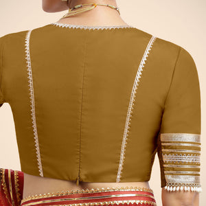  Nafeeza x Tyohaar | Bronze Gold Embellished Elbow Sleeves FlexiFit™ Saree Blouse with Plunging V Neckline with Tasteful Gota Lace_6
