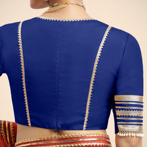  Nafeeza x Tyohaar | Cobalt Blue Embellished Elbow Sleeves FlexiFit™ Saree Blouse with Plunging V Neckline with Tasteful Gota Lace_2