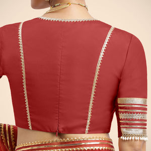 Nafeeza x Tyohaar | Crimson Red Embellished Elbow Sleeves FlexiFit™ Saree Blouse with Plunging V Neckline with Tasteful Golden Gota Lace