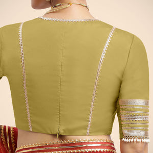 Nafeeza x Tyohaar | Lemon Yellow Embellished Elbow Sleeves FlexiFit™ Saree Blouse with Plunging V Neckline with Tasteful Golden Gota Lace