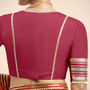 Nafeeza x Tyohaar | Rani Pink Embellished Elbow Sleeves FlexiFit™ Saree Blouse with Plunging V Neckline with Tasteful Gota Lace