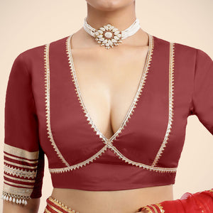 Nafeeza x Tyohaar | Auburn Red Embellished Elbow Sleeves FlexiFit™ Saree Blouse with Plunging V Neckline with Tasteful Golden Gota Lace