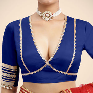  Nafeeza x Tyohaar | Cobalt Blue Embellished Elbow Sleeves FlexiFit™ Saree Blouse with Plunging V Neckline with Tasteful Gota Lace_5