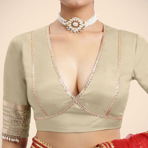 Nafeeza x Tyohaar | Cream Embellished Elbow Sleeves FlexiFit™ Saree Blouse with Plunging V Neckline with Tasteful Gota Lace