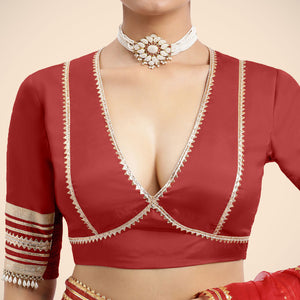  Nafeeza x Tyohaar | Crimson Red Embellished Elbow Sleeves FlexiFit™ Saree Blouse with Plunging V Neckline with Tasteful Gota Lace_2