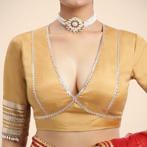 Nafeeza x Tyohaar | Gold Embellished Elbow Sleeves FlexiFit™ Saree Blouse with Plunging V Neckline with Tasteful Golden Gota Lace