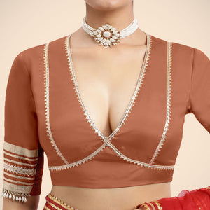 Nafeeza x Tyohaar | Metallic Copper Embellished Elbow Sleeves FlexiFit™ Saree Blouse with Plunging V Neckline with Tasteful Golden Gota Lace