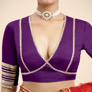 Nafeeza x Tyohaar | Purple Embellished Elbow Sleeves FlexiFit™ Saree Blouse with Plunging V Neckline with Tasteful Golden Gota Lace