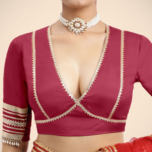 Nafeeza x Tyohaar | Rani Pink Embellished Elbow Sleeves FlexiFit™ Saree Blouse with Plunging V Neckline with Tasteful Golden Gota Lace