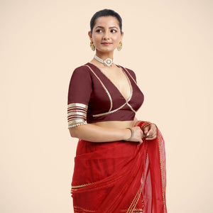  Nafeeza x Tyohaar | Burgundy Embellished Elbow Sleeves FlexiFit™ Saree Blouse with Plunging V Neckline with Tasteful Gota Lace_5