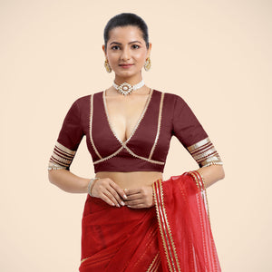  Nafeeza x Tyohaar | Burgundy Embellished Elbow Sleeves FlexiFit™ Saree Blouse with Plunging V Neckline with Tasteful Gota Lace_7