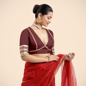 Nafeeza x Tyohaar | Burgundy Embellished Elbow Sleeves FlexiFit™ Saree Blouse with Plunging V Neckline with Tasteful Gota Lace