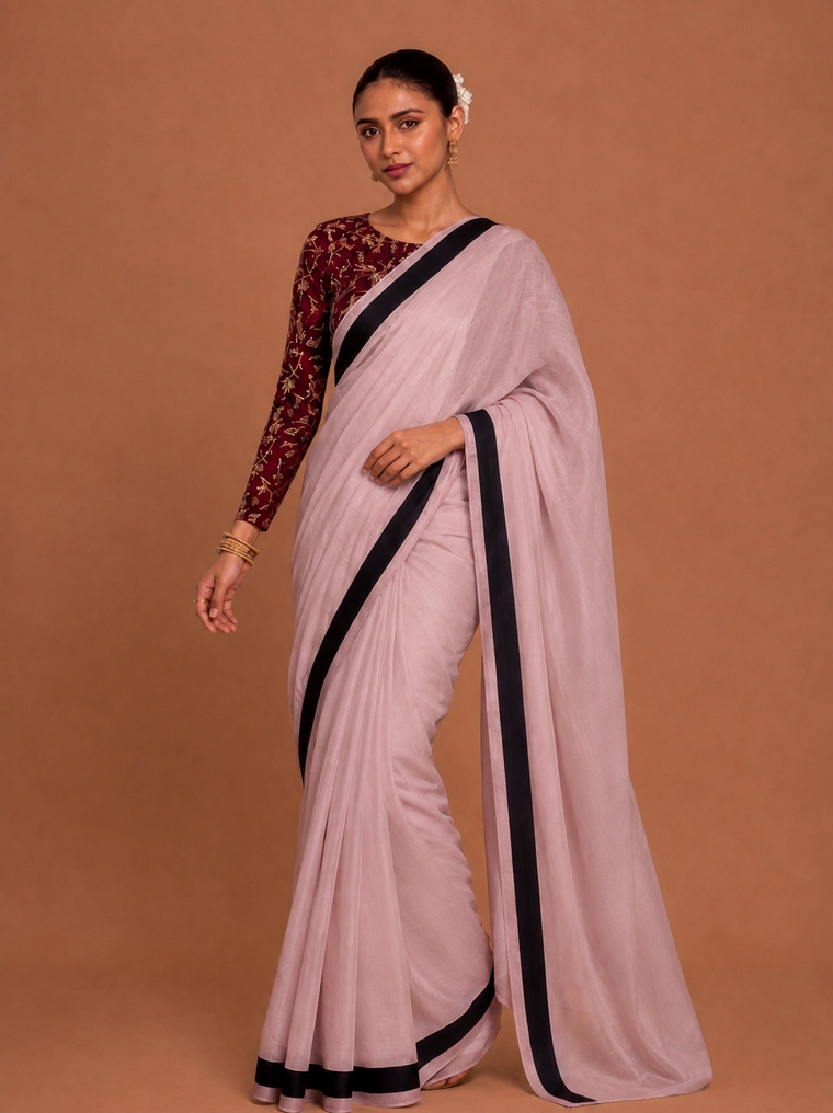 Nainika | Pastel Pink Mul Cotton DrapeFit™ Saree