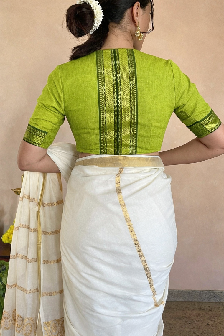 Kasavu-Kit Kasavu Saree with Nandini Elbow Sleeve blouse in Radiant Citron
