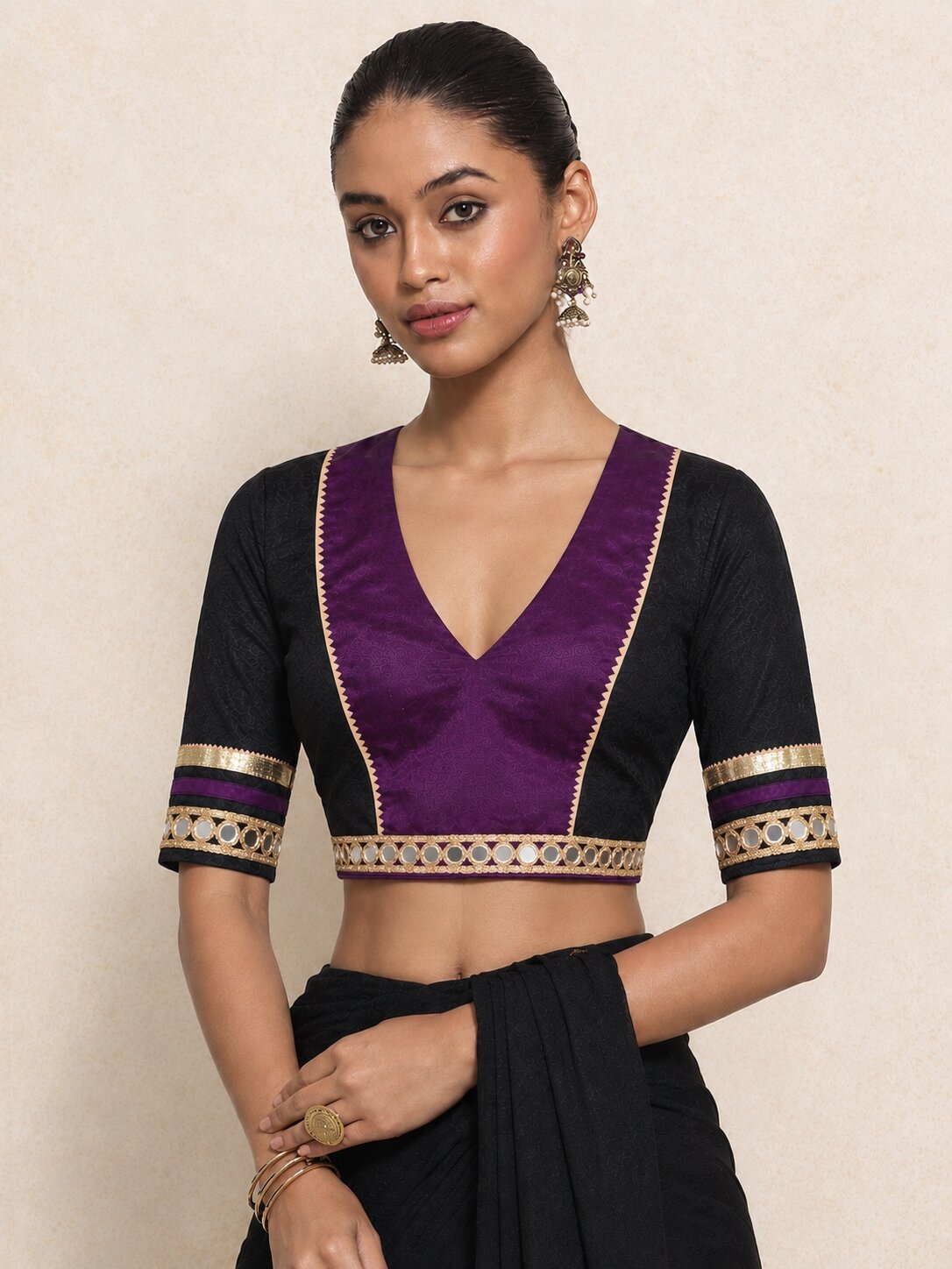 Navi | Elbow Sleeve Purple-Black Art Silk SculptFit™ Saree Blouse