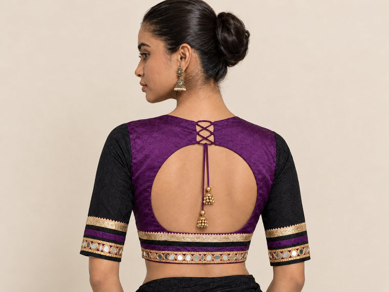 Navi | Elbow Sleeve Purple-Black Art Silk SculptFit™ Saree Blouse