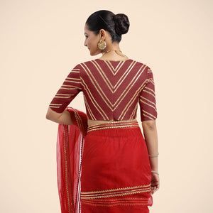 Navya x Tyohaar | Auburn Red Elbow Sleeves FlexiFit™ Saree Blouse with Plunging V Neckline with Tasteful Golden Gota Lace