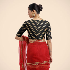 Navya x Tyohaar | Charcoal Black Elbow Sleeves FlexiFit™ Saree Blouse with Plunging V Neckline with Tasteful Gota Lace
