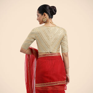  Navya x Tyohaar | Cream Elbow Sleeves FlexiFit™ Saree Blouse with Plunging V Neckline with Tasteful Gota Lace_7