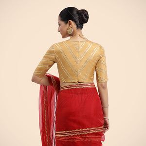 Navya x Tyohaar | Gold Elbow Sleeves FlexiFit™ Saree Blouse with Plunging V Neckline with Tasteful Golden Gota Lace