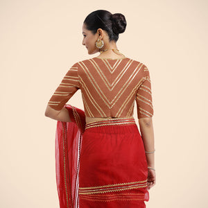 Navya x Tyohaar | Metallic Copper Elbow Sleeves FlexiFit™ Saree Blouse with Plunging V Neckline with Tasteful Gota Lace