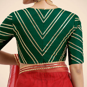 Navya x Tyohaar | Bottle Green Elbow Sleeves FlexiFit™ Saree Blouse with Plunging V Neckline with Tasteful Golden Gota Lace