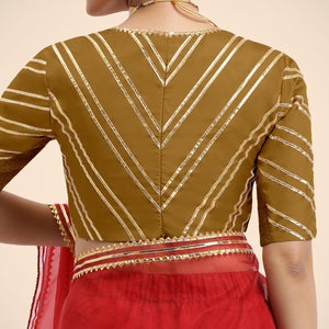 Navya x Tyohaar | Bronze Gold Elbow Sleeves FlexiFit™ Saree Blouse with Plunging V Neckline with Tasteful Gota Lace