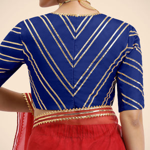Navya x Tyohaar | Cobalt Blue Elbow Sleeves FlexiFit™ Saree Blouse with Plunging V Neckline with Tasteful Golden Gota Lace