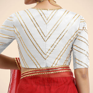 Navya x Tyohaar | Pearl White Elbow Sleeves FlexiFit™ Saree Blouse with Plunging V Neckline with Tasteful Gota Lace