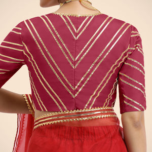  Navya x Tyohaar | Rani Pink Elbow Sleeves FlexiFit™ Saree Blouse with Plunging V Neckline with Tasteful Gota Lace_3