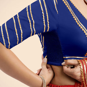 Navya x Tyohaar | Cobalt Blue Elbow Sleeves FlexiFit™ Saree Blouse with Plunging V Neckline with Tasteful Golden Gota Lace
