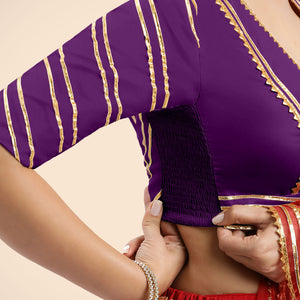  Navya x Tyohaar | Purple Elbow Sleeves FlexiFit™ Saree Blouse with Plunging V Neckline with Tasteful Gota Lace_7