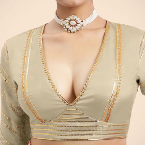 Navya x Tyohaar | Cream Elbow Sleeves FlexiFit™ Saree Blouse with Plunging V Neckline with Tasteful Gota Lace