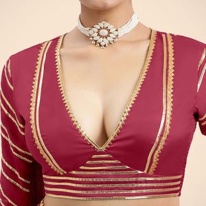  Navya x Tyohaar | Rani Pink Elbow Sleeves FlexiFit™ Saree Blouse with Plunging V Neckline with Tasteful Gota Lace_5