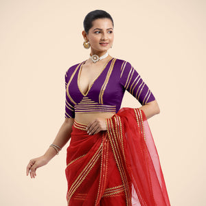  Navya x Tyohaar | Purple Elbow Sleeves FlexiFit™ Saree Blouse with Plunging V Neckline with Tasteful Gota Lace_2