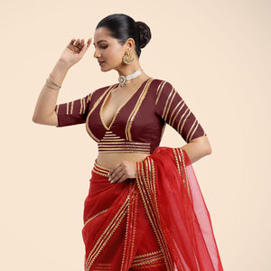 Navya x Tyohaar | Burgundy Elbow Sleeves FlexiFit™ Saree Blouse with Plunging V Neckline with Tasteful Gota Lace