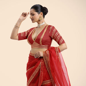 Navya x Tyohaar | Crimson Red Elbow Sleeves FlexiFit™ Saree Blouse with Plunging V Neckline with Tasteful Gota Lace