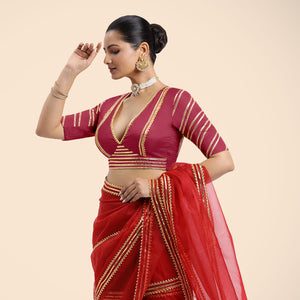 Navya x Tyohaar | Rani Pink Elbow Sleeves FlexiFit™ Saree Blouse with Plunging V Neckline with Tasteful Gota Lace