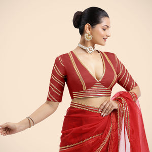 Navya x Tyohaar | Crimson Red Elbow Sleeves FlexiFit™ Saree Blouse with Plunging V Neckline with Tasteful Gota Lace