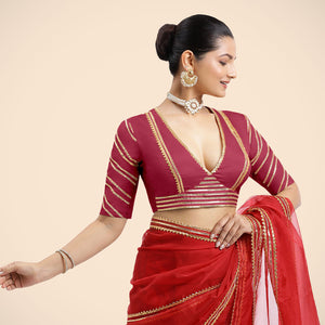  Navya x Tyohaar | Rani Pink Elbow Sleeves FlexiFit™ Saree Blouse with Plunging V Neckline with Tasteful Gota Lace_1