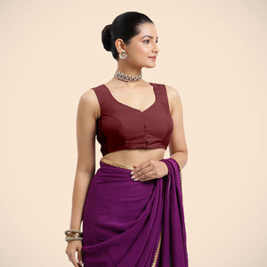  Nazia x Rozaana | Burgundy Sleeveless FlexiFit™ Saree Blouse with Front Open Curved V Neckline with Deep Back and Dori_1