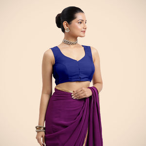  Nazia x Rozaana | Cobalt Blue Sleeveless FlexiFit™ Saree Blouse with Front Open Curved V Neckline with Deep Back and Dori_1