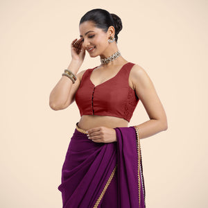  Nazia x Rozaana | Auburn Red Sleeveless FlexiFit™ Saree Blouse with Front Open Curved V Neckline with Deep Back and Dori_3