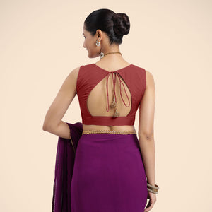  Nazia x Rozaana | Auburn Red Sleeveless FlexiFit™ Saree Blouse with Front Open Curved V Neckline with Deep Back and Dori_5