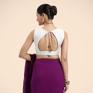  Nazia x Rozaana | Pearl White Sleeveless FlexiFit™ Saree Blouse with Front Open Curved V Neckline with Deep Back and Dori_5